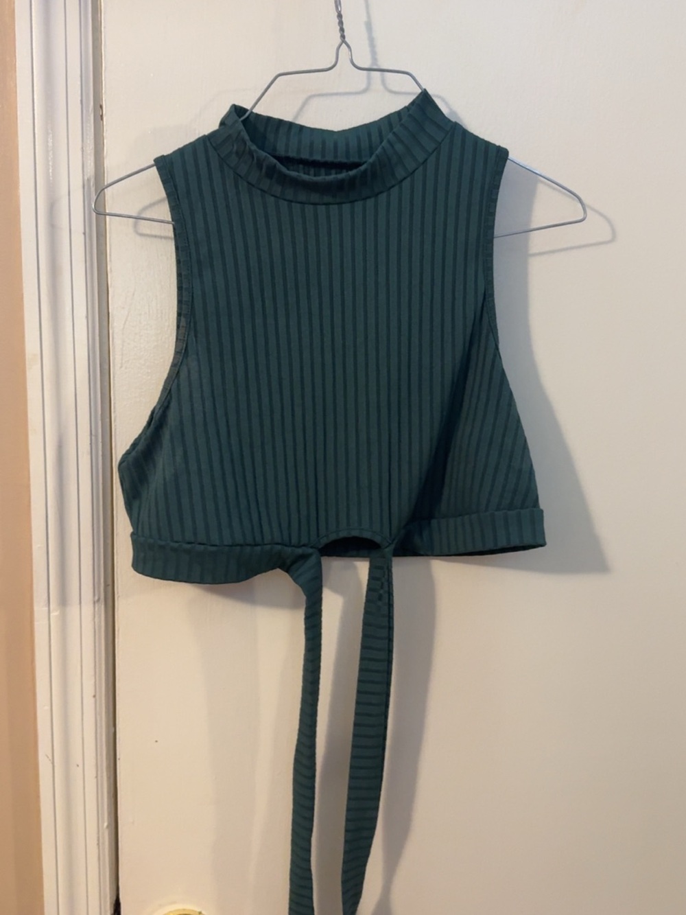 Ribbed Mock Neck Crop Tie-Back Top in Teal